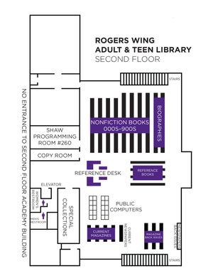 A map of the second floor of the Provo Library Rogers Wing