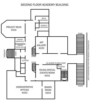 A map of the second floor of the Provo Library Academy Wing