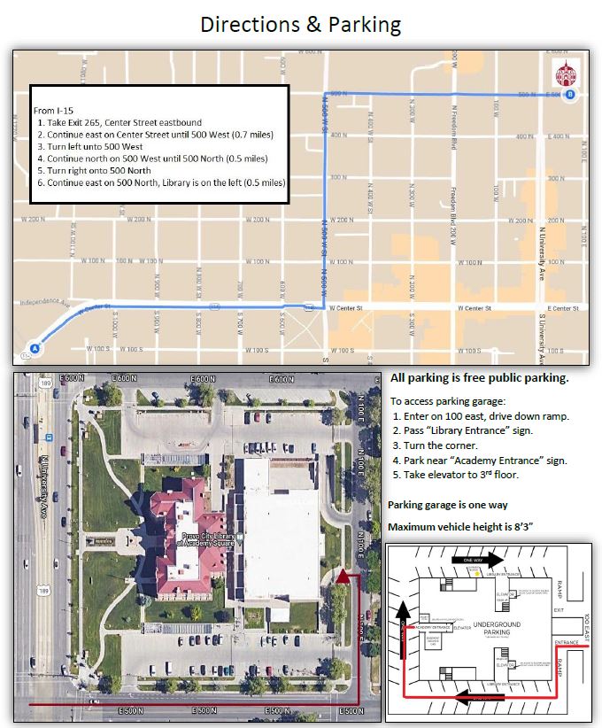 A satellite map of the Provo City Library below and a map of Provo with directions from I-15 to the Provo Library